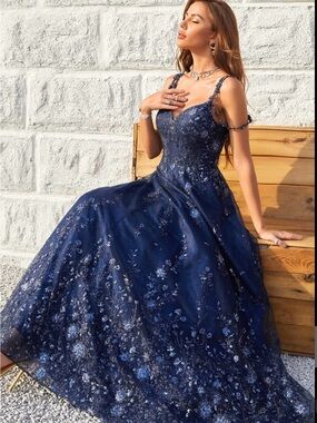 Navy Blue Floral Embroidered Gown